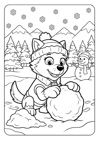 Everest making a large snowball in a snowy landscape with pine trees, a snowman, and mountains