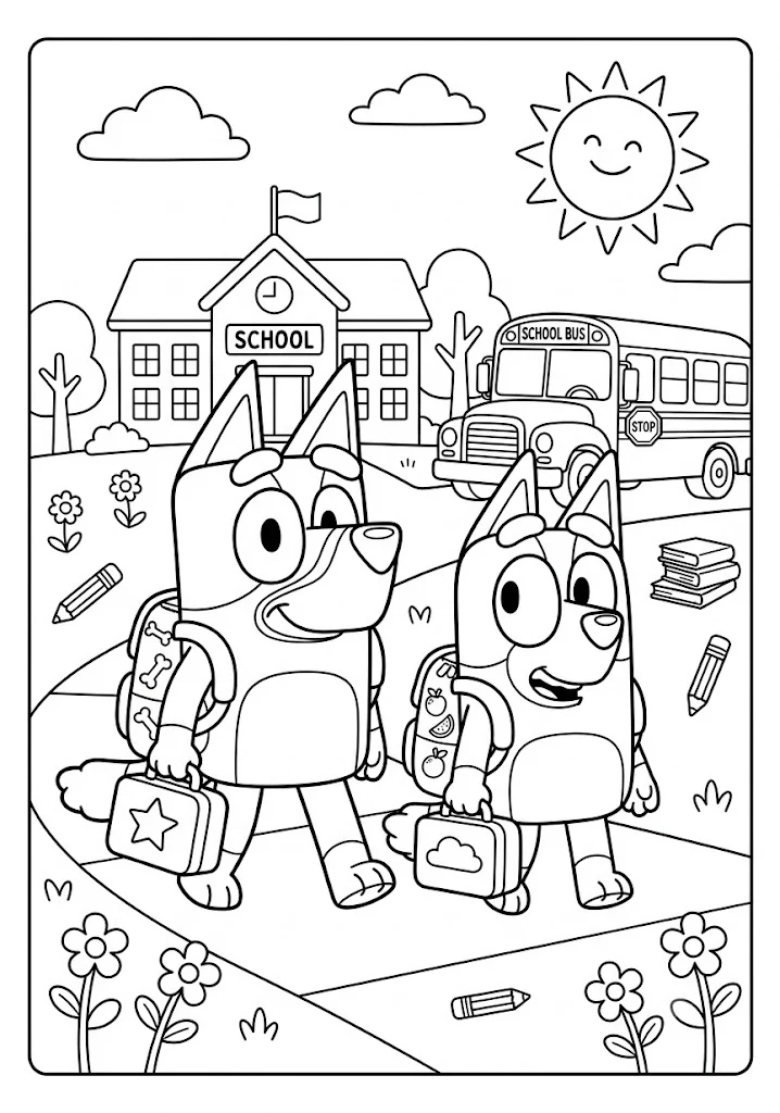 Bluey and Bingo carrying school backpacks and lunchboxes on a sidewalk leading to a school and bus