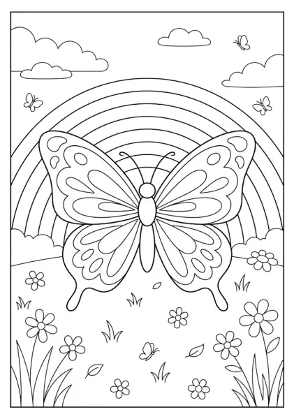 Detailed coloring page of a prominent butterfly in the foreground with a rainbow clouds and flowers in the background