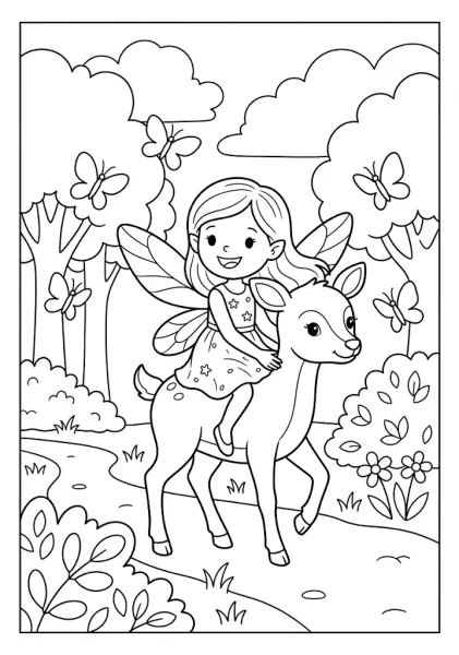 A cute fairy riding on the back of a small deer along a forest path surrounded by butterflies Fairy Coloring Pages