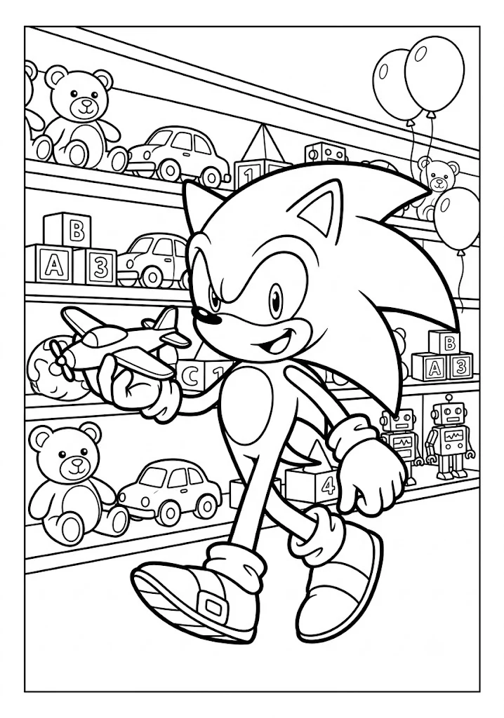 Sonic holding a toy airplane in a toy shop surrounded by shelves full of teddy bears, toy cars, building blocks, and balloons Sonic Coloring Pages