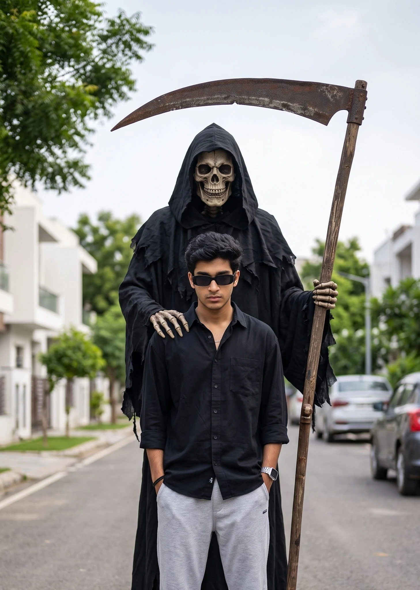 Grim Reaper & Man Cinematic Portrait Photo Editing Prompt