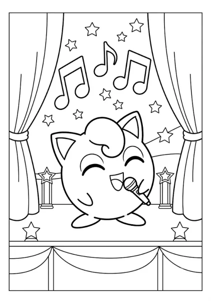 Cute Jigglypuff singing with a microphone on a stage with curtains musical notes and star decorations Pokemon Coloring Pages