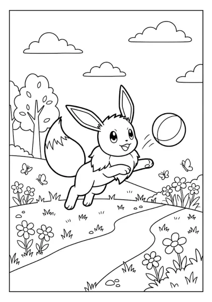 Cute Eevee leaping in a meadow playing with a bouncing ball surrounded by flowers and butterflies Pokemon Coloring Pages