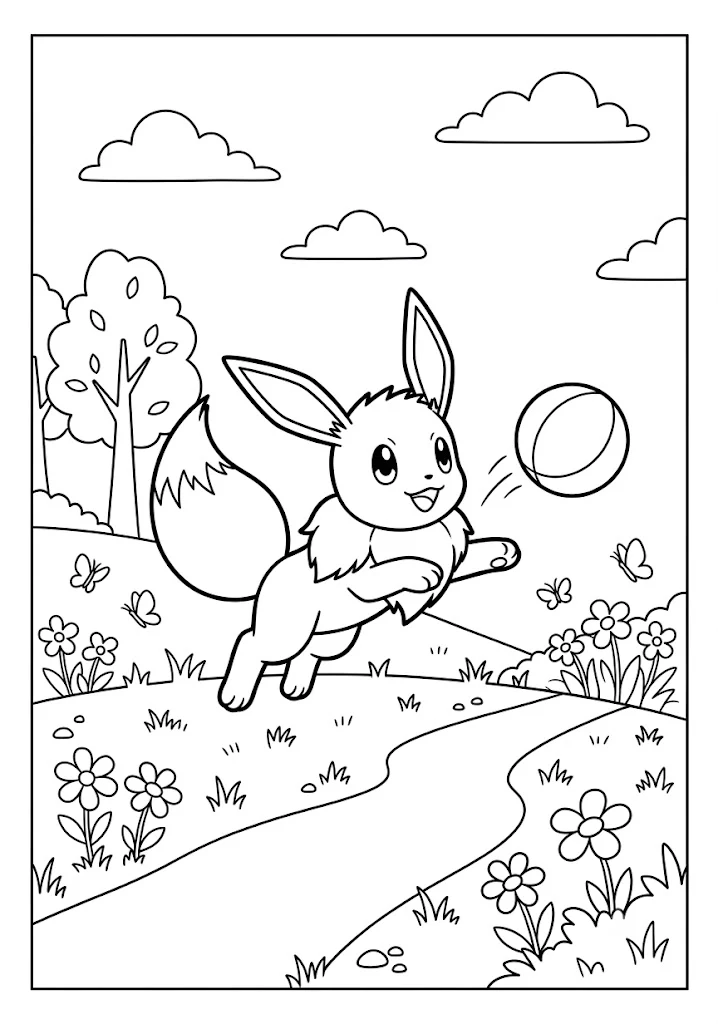 Cute Eevee leaping in a meadow playing with a bouncing ball surrounded by flowers and butterflies Pokemon Coloring Pages