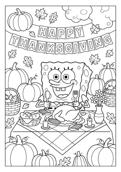 SpongeBob SquarePants sitting at a Thanksgiving dinner table with a roasted turkey, pumpkins, and a Happy Thanksgiving banner SpongeBob Coloring Pages