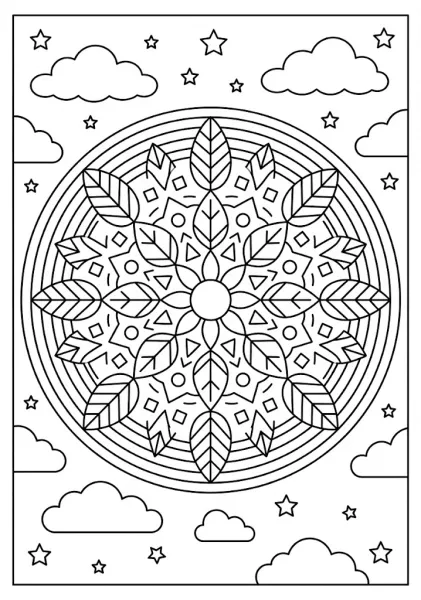 Circular leaf mandala design set against a sky with clouds and stars coloring page
