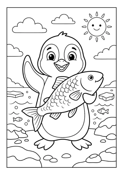 Cute penguin waving holding a big fish near the ocean with floating icebergs clouds and a smiling sun Penguin Coloring Pages