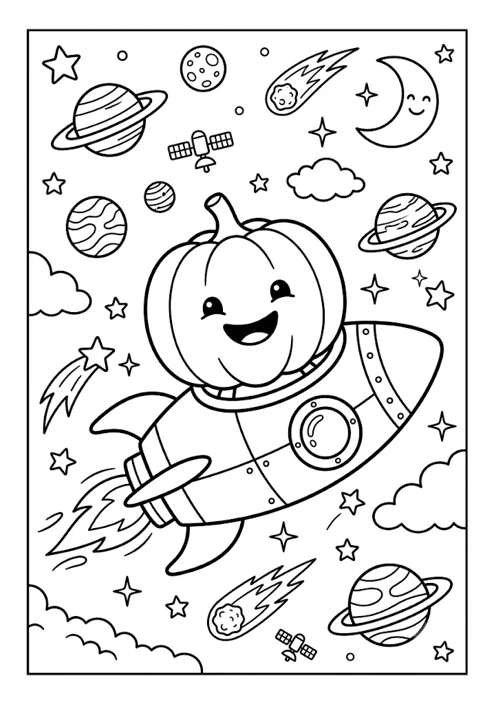 Cute pumpkin riding inside a toy rocket ship in outer space surrounded by planets, comets, stars, and a crescent moon Pumpkin Coloring Pages