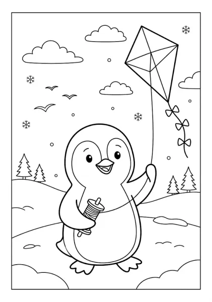 Cute penguin holding a thread spool flying a kite in a snowy field with pine trees and clouds Penguin Coloring Pages