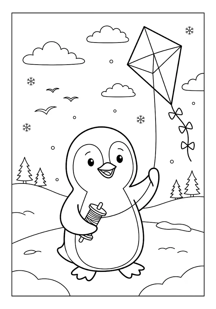 Cute penguin holding a thread spool flying a kite in a snowy field with pine trees and clouds Penguin Coloring Pages