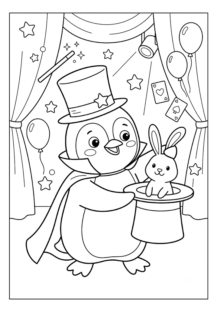 Cute magician penguin wearing a top hat and cape pulling a rabbit out of a magic hat on stage with balloons and playing cards Penguin Coloring Pages