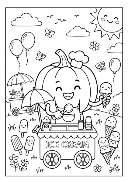 Cute pumpkin wearing a chef hat selling ice cream from a cart surrounded by popsicles, ice cream cones, balloons, and sunshine Pumpkin Coloring Pages