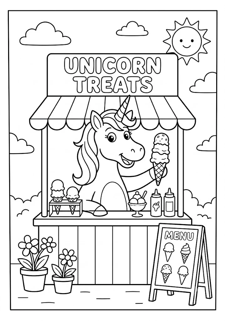 Cute unicorn serving ice cream scoops from a colorful ice cream stand