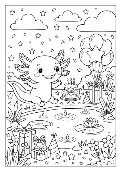 Cute axolotl celebrating a birthday with a cake, balloons, party hat, and gift boxes near a pond Axolotl Coloring Pages