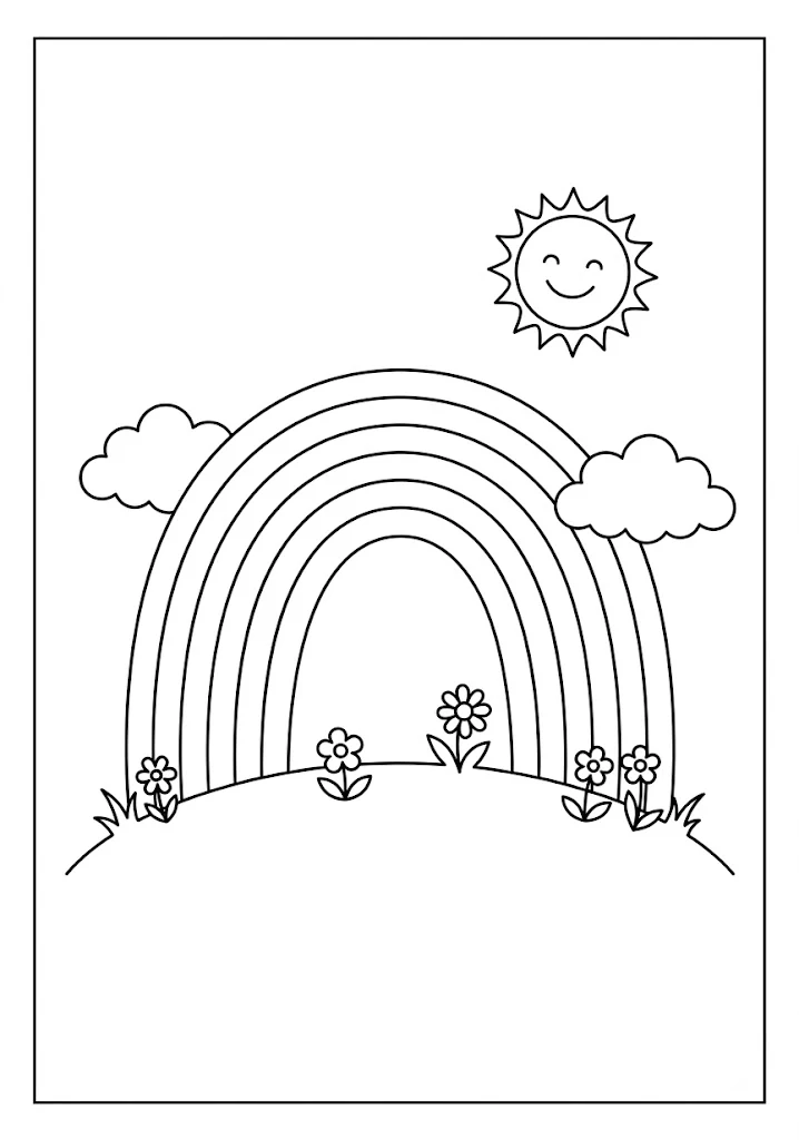 Easy coloring page of a tall rainbow over a grassy hill with flowers and a smiling sun in the sky
