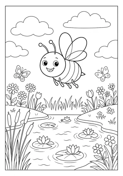 A happy cute bee flying over a peaceful pond filled with water lilies, reeds, and butterflies Bee Coloring Pages