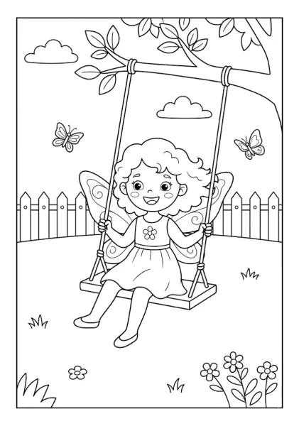 A cute fairy sitting happily on a wooden swing hanging from a leafy tree branch near a garden fence Fairy Coloring Pages