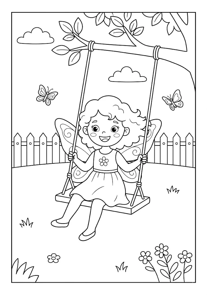 A cute fairy sitting happily on a wooden swing hanging from a leafy tree branch near a garden fence Fairy Coloring Pages
