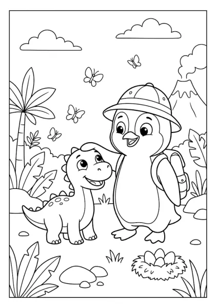 Cute penguin wearing an explorer hat petting a friendly baby dinosaur in a prehistoric jungle near a volcano and dinosaur eggs Penguin Coloring Pages