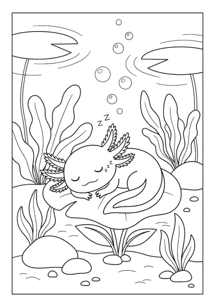 Cute axolotl sleeping peacefully on a large lily leaf underwater Axolotl Coloring Pages