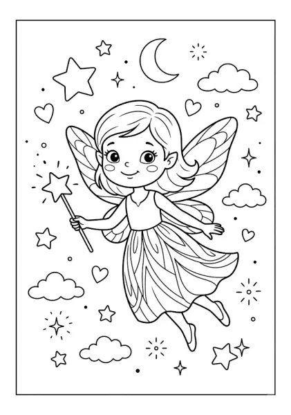 A cute fairy holding a star wand floating through a night sky filled with clouds, stars, and a crescent moon Fairy Coloring Pages