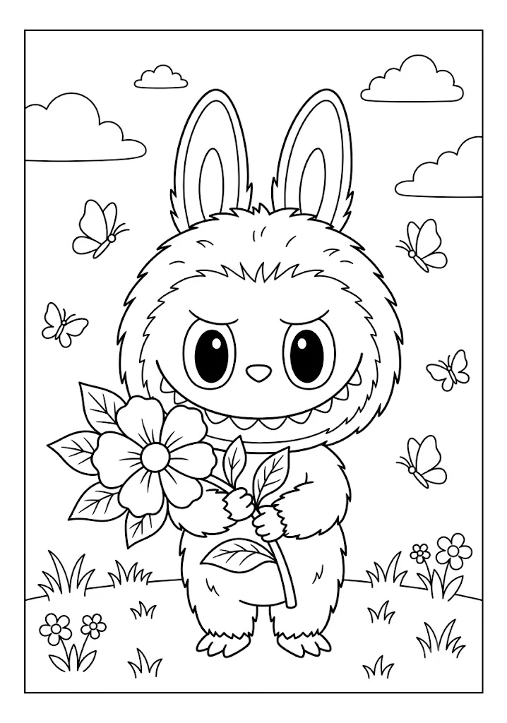 A cute monster character holding a large bloom in a field in sweet Labubu coloring pages