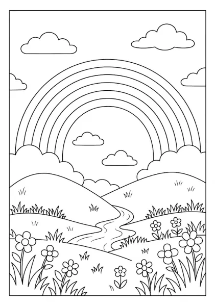 A peaceful meadow landscape with a stream flowing through hills under a large rainbow and soft clouds coloring page