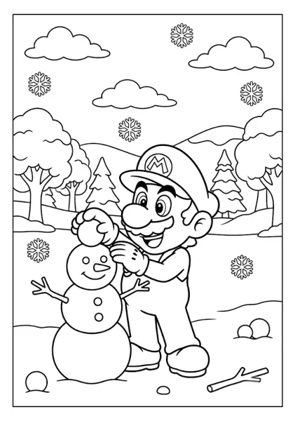 Mario making a snowman outdoors on a snowy winter day with snowflakes Mario Coloring Pages