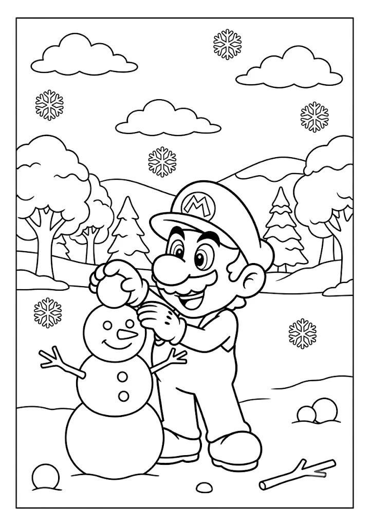 Mario making a snowman outdoors on a snowy winter day with snowflakes Mario Coloring Pages