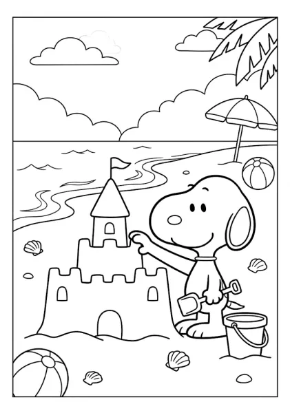 Snoopy building a big sandcastle on the beach near ocean waves and a umbrella Snoopy Coloring Pages