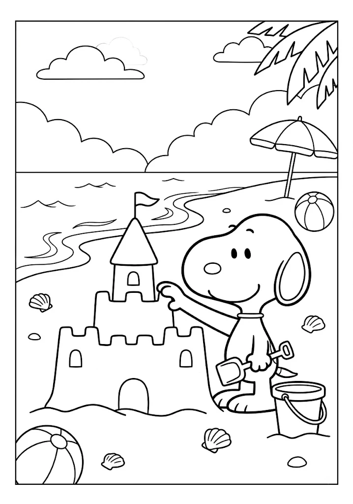Snoopy building a big sandcastle on the beach near ocean waves and a umbrella Snoopy Coloring Pages