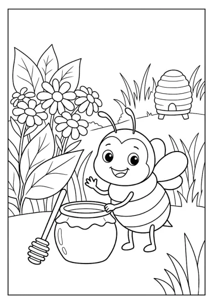 A cute bee waving next to an open jar of honey with a honey dipper stick and a beehive in the background Bee Coloring Pages
