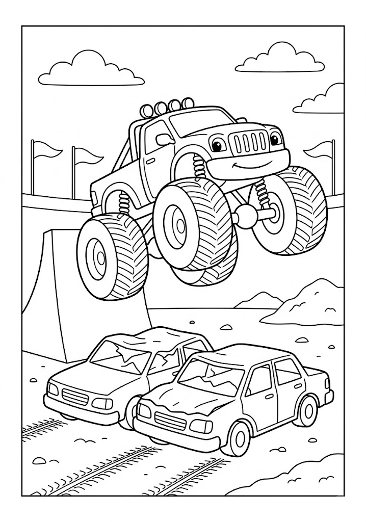 Monster truck leaping off a ramp over two crushed cars in an outdoor arena Monster Truck Coloring Pages