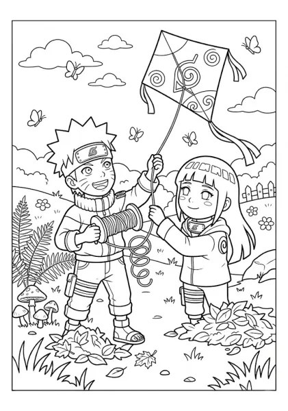 Cute chibi Naruto and Hinata flying a Leaf Village symbol kite outdoors coloring page