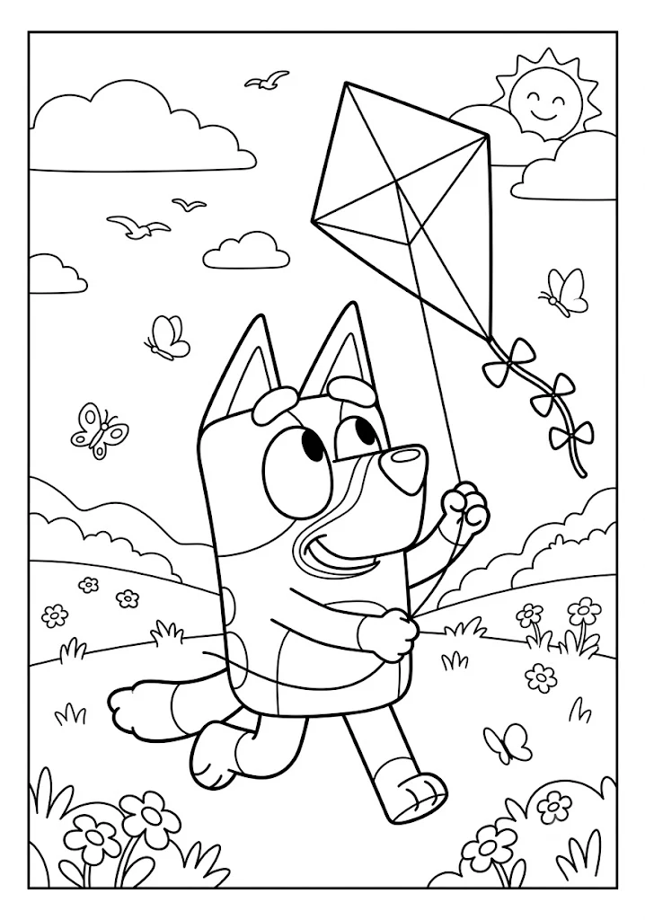 Bluey running happily through a grassy field while flying a large diamond kite on a sunny day
