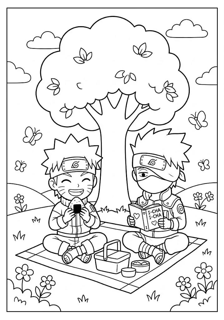 Chibi Naruto eating rice ball while Kakashi reads a book on a picnic mat coloring page