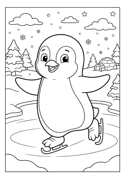 Cute penguin ice skating on a frozen pond with ice skates near an igloo and snow covered pine trees Penguin Coloring Pages