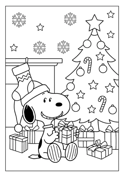 Snoopy wearing a Santa hat holding a gift next to a decorated Christmas tree with snowflakes Snoopy Coloring Pages
