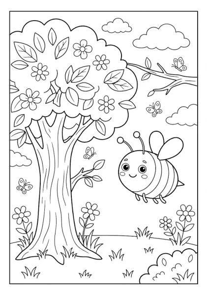 A happy cute bee flying near a large flowering tree in a grassy meadow with butterflies Bee Coloring Pages