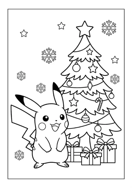 Cute Pikachu standing next to a decorated Christmas tree with ornaments snowflakes and wrapped gifts Pokemon Coloring Pages