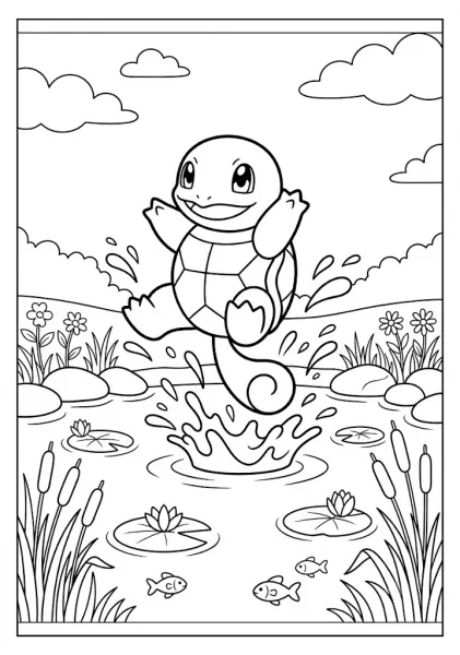 Cute Squirtle splashing happily in a lily pad pond with fish reeds and flowers Pokemon Coloring Pages