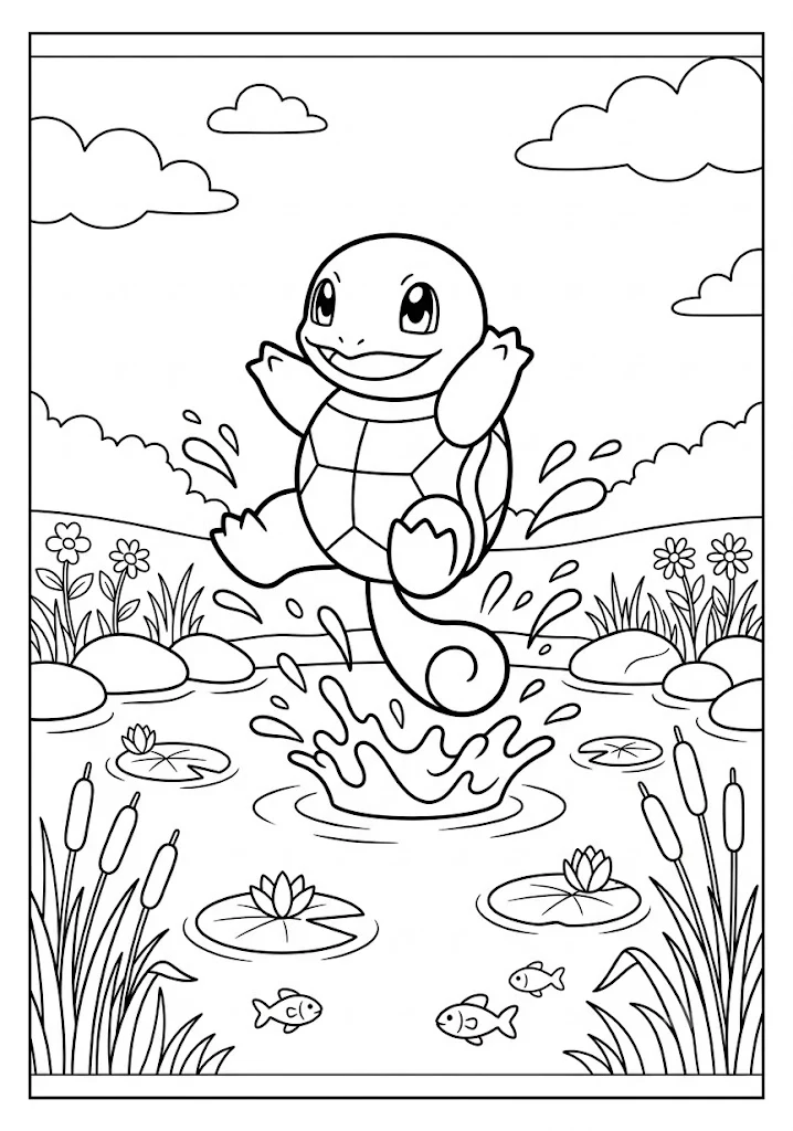 Cute Squirtle splashing happily in a lily pad pond with fish reeds and flowers Pokemon Coloring Pages