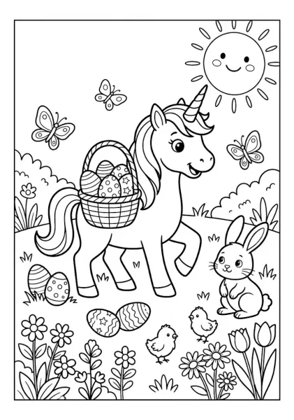 A cute unicorn carrying a basket of Easter eggs with a bunny, chicks, and butterflies in a spring meadow