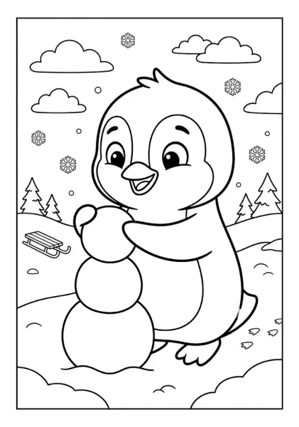 Cute penguin building a snowman in the snow near a wooden sled pine trees and snowflakes Penguin Coloring Pages