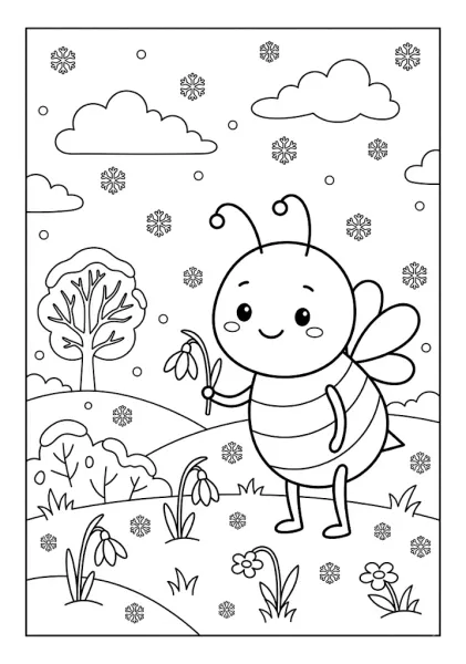 A cute bee holding a snowdrop flower standing in a snowy field with falling snowflakes Bee Coloring Pages
