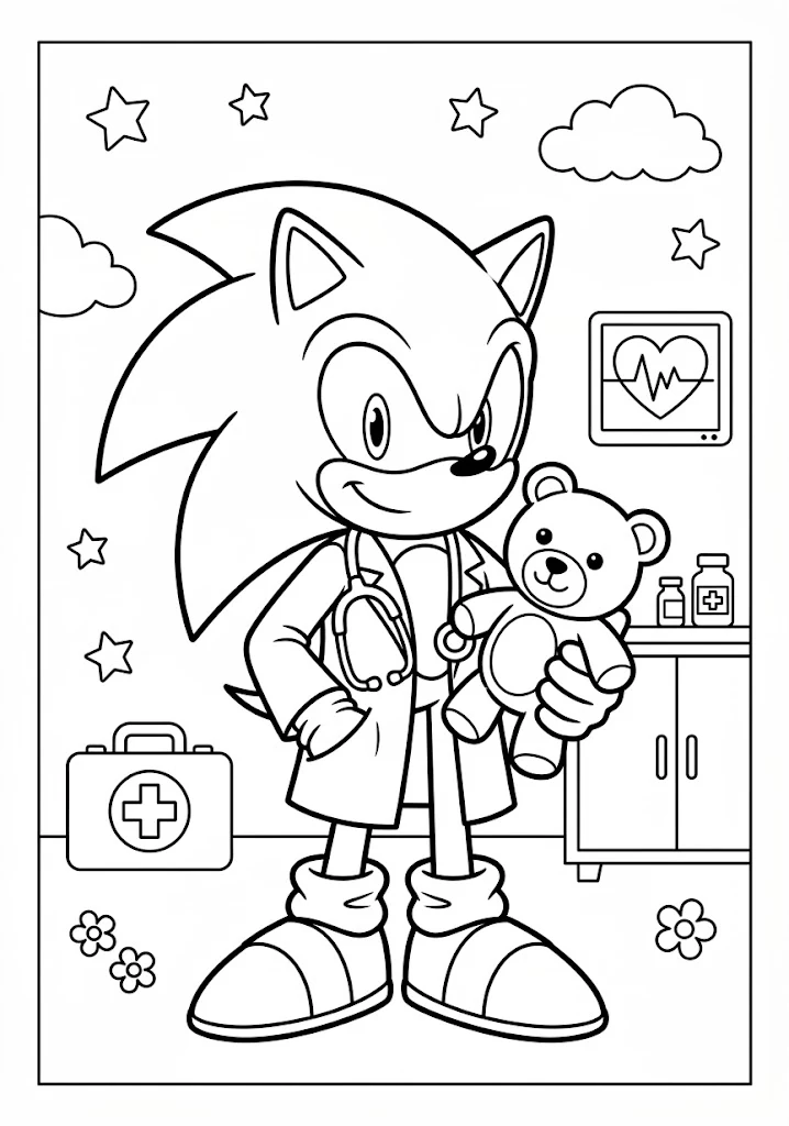 Sonic dressed as a doctor holding a cute teddy bear inside a medical clinic near a first aid kit Sonic Coloring Pages