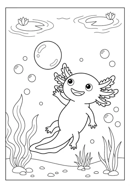 Cute axolotl playing with a large air bubble underwater near seaweed Axolotl Coloring Pages