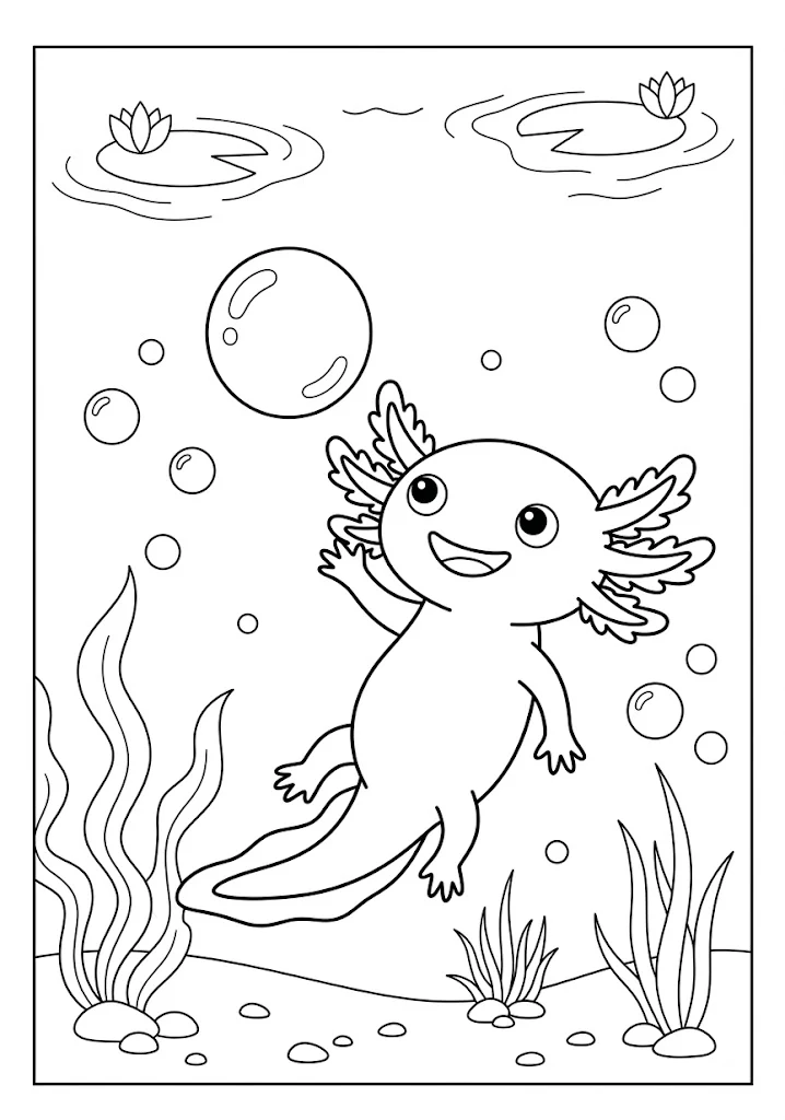 Cute axolotl playing with a large air bubble underwater near seaweed Axolotl Coloring Pages