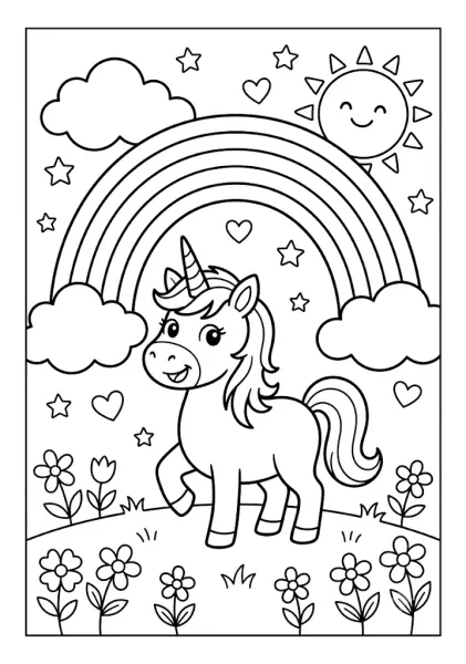 A cute unicorn standing in a flower meadow under a big rainbow, smiling sun, and stars